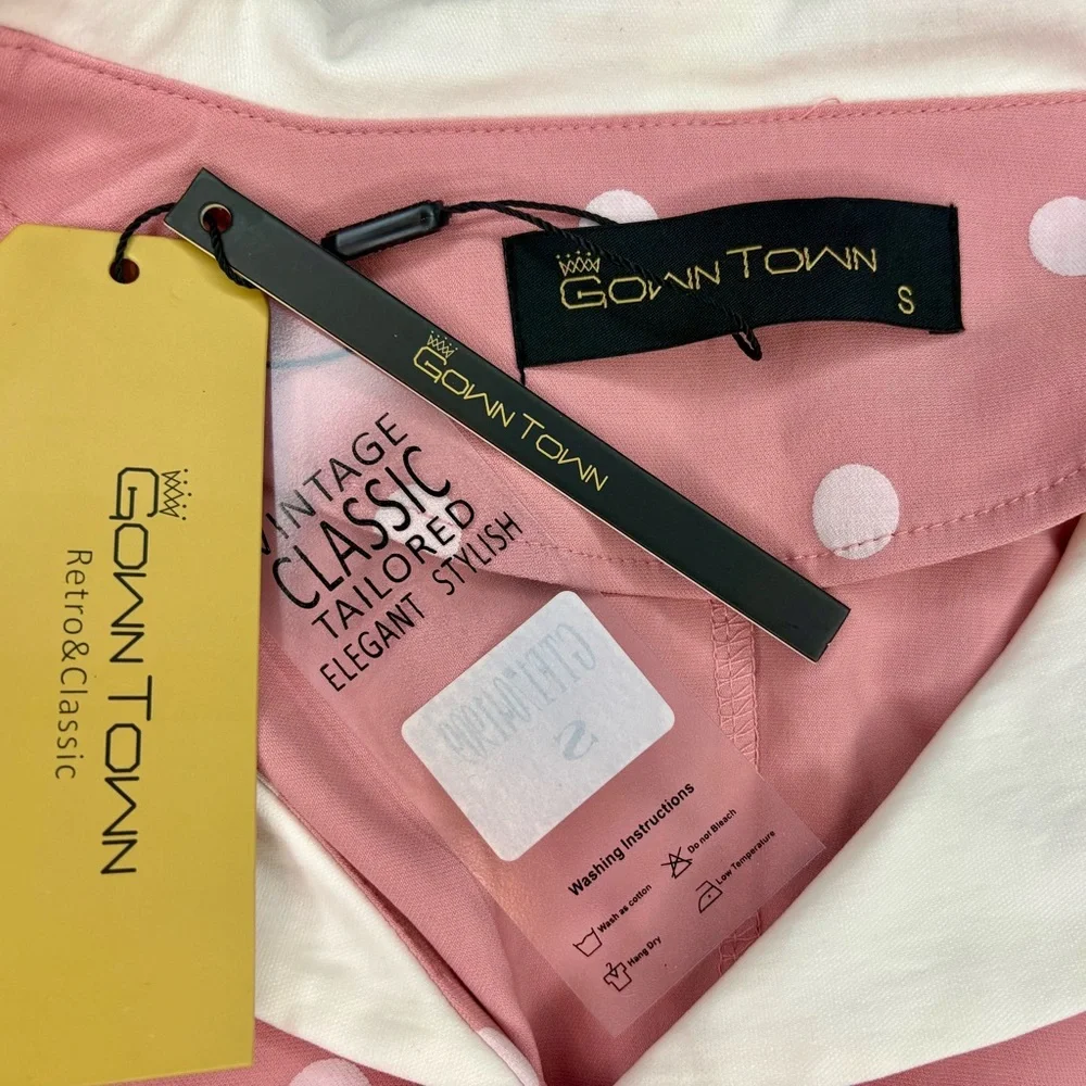 NWT GownTown Pink Polka Dot Vintage Style Fit & Flare Dress Small - Picture 8 of 11